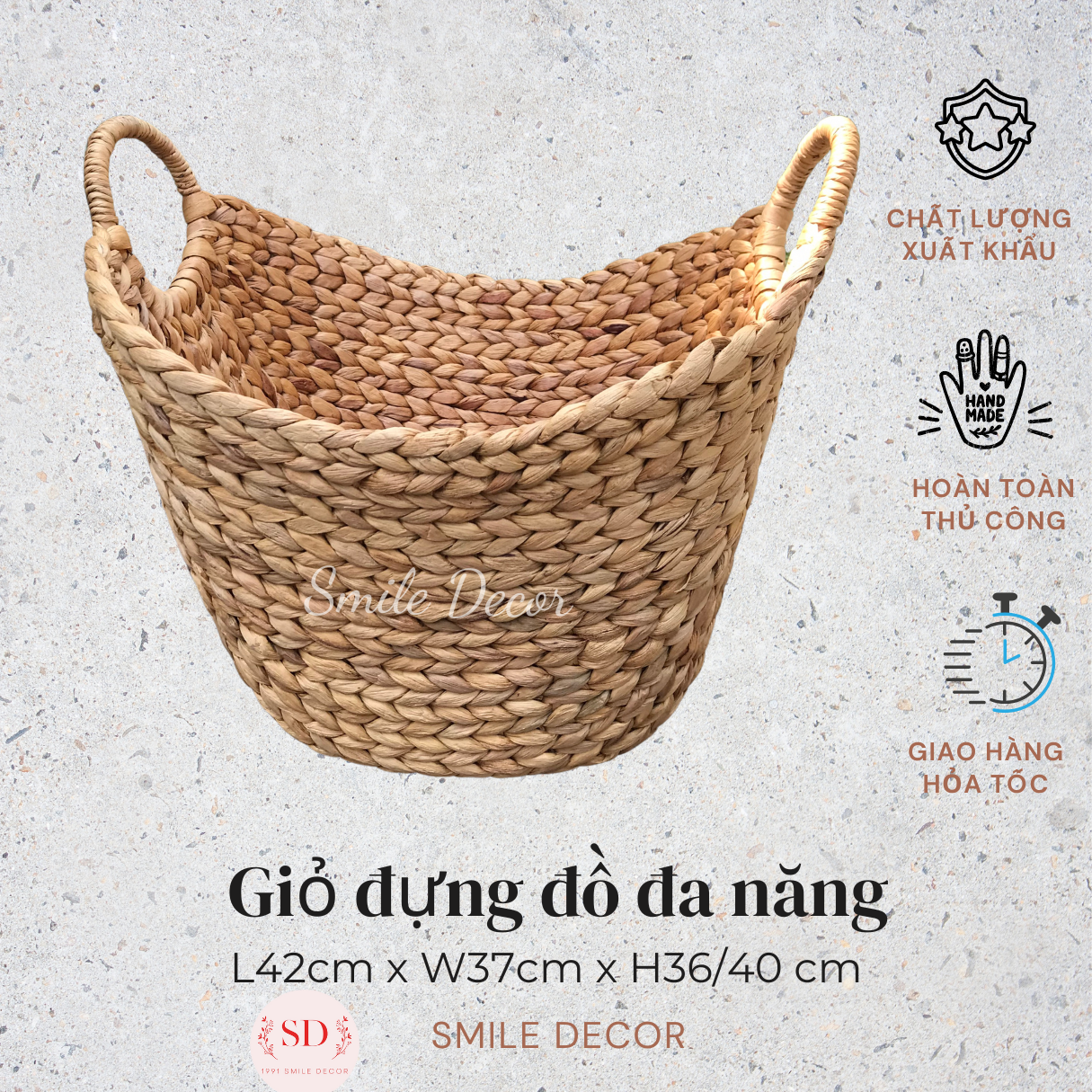 Giỏ cói đựng đồ đa năng phong cách vintage Smile Decor - Đan thủ công từ sợi cói, mộc mạc, đơn giản