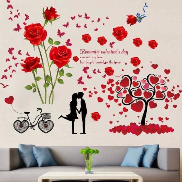 Decal trang trí tường - Bộ Hoa hồng lớn và Cây Tình Yêu đỏ