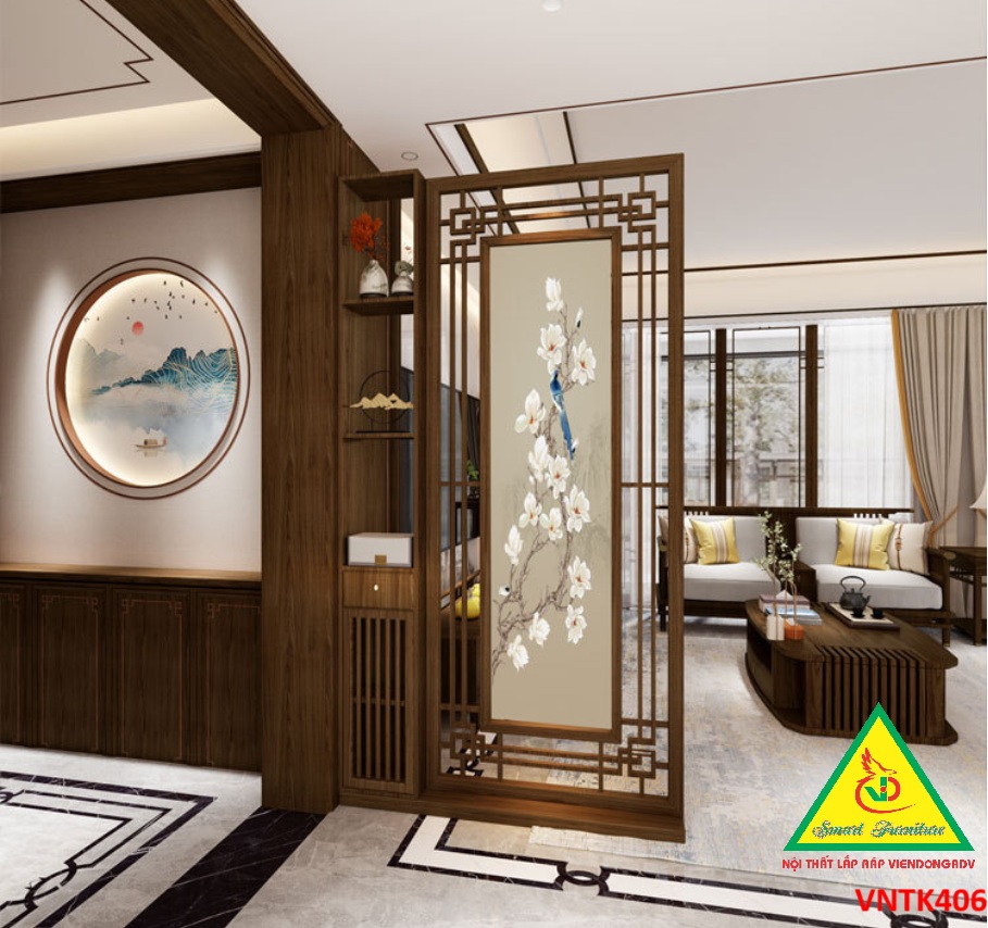 Vách ngăn phòng khách, vách ngăn tủ kệ bằng gỗm bình phong tranh VNTK406- NỘI THẤT LẮP RÁP VIENDONGADV