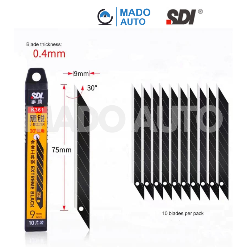 MADO AUTO Lưỡi dao rọc giấy văn phòng nhọn SDI mã K361 thép đen sắc bén