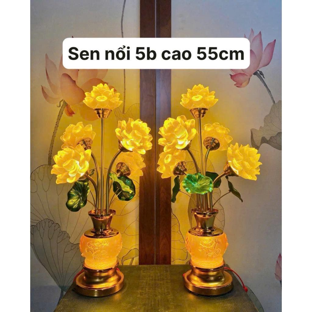 Đèn hoa sen 5 bông bình ngọc lưu ly RỒNG VIỆT, đèn sen thân hợp kim cao 55cm cao cấp