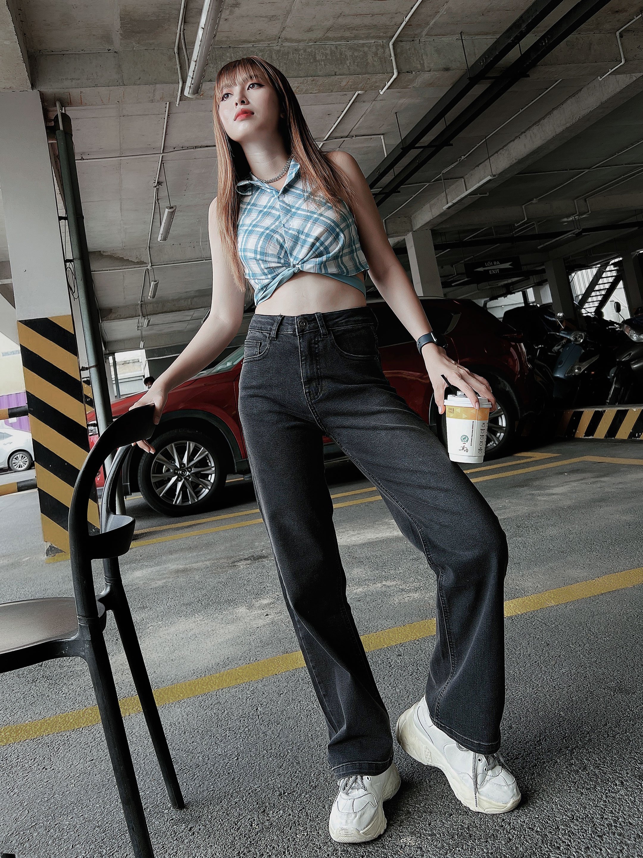 Quần Jeans ống suông đứng cạp cao dáng dài 2 màu đen và xám HQJEANS