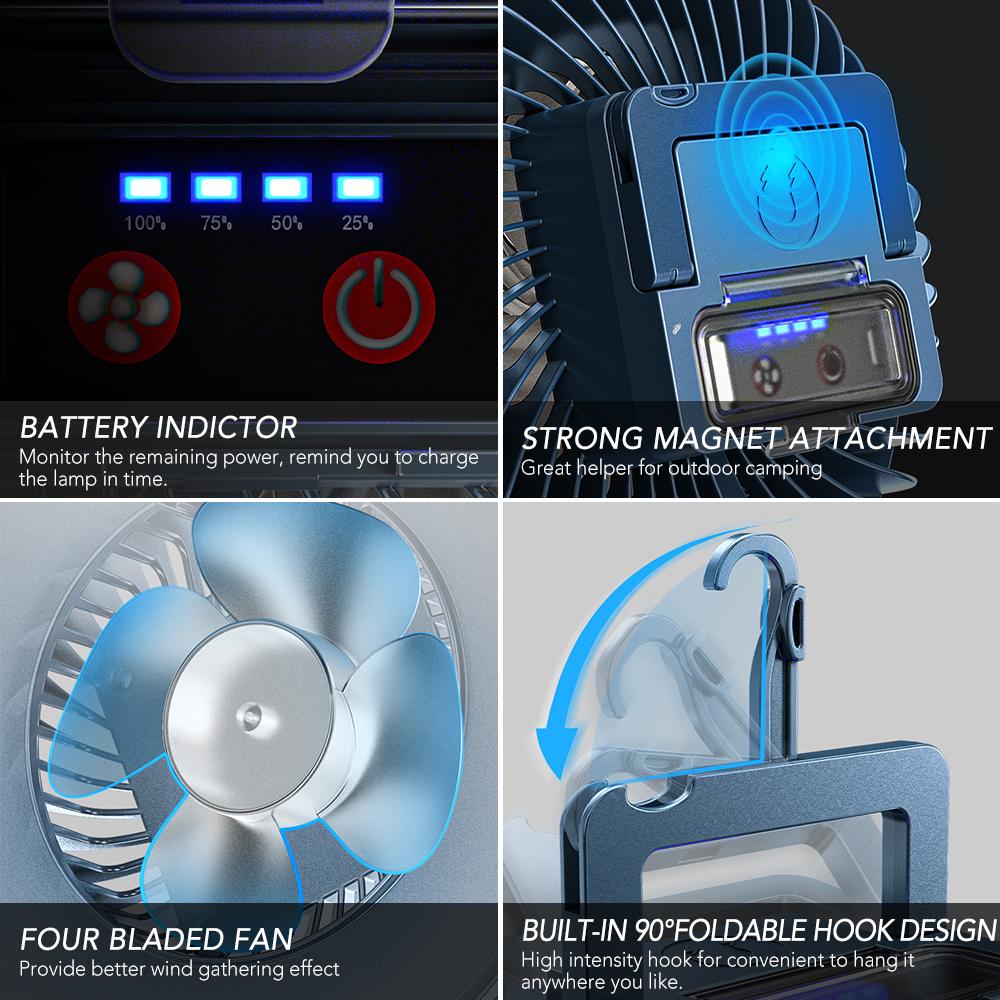 Portable Camping Fan with Foldable Tripod LED Lantern Mini Desk Fan USB 2400mAh Batteries Operated Lamp Fan with Hook