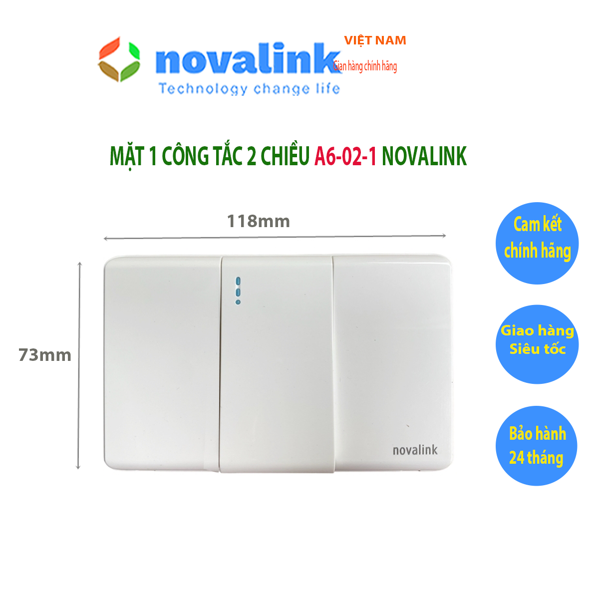Mặt 1 công tắc đảo chiều A6-02-1 Novalink chính hãng. Mặt nhựa chống cháy, bảo hành 24 tháng đổi 1