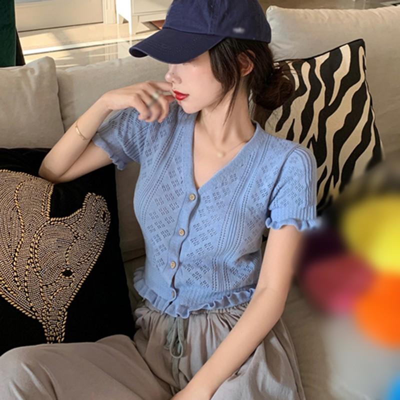 Áo Len Nữ Ngắn Tay Cổ Chữ V Thời Trang