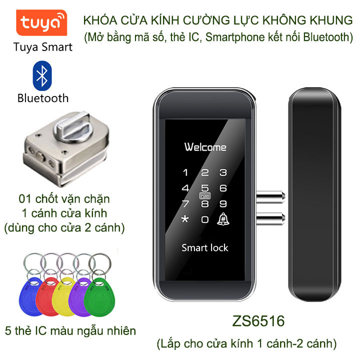 Khóa cửa kính cường lực không khung thông minh kỹ thuật số, mở cửa bằng mã số, thẻ IC, App smartphone kết nối Bluetooth