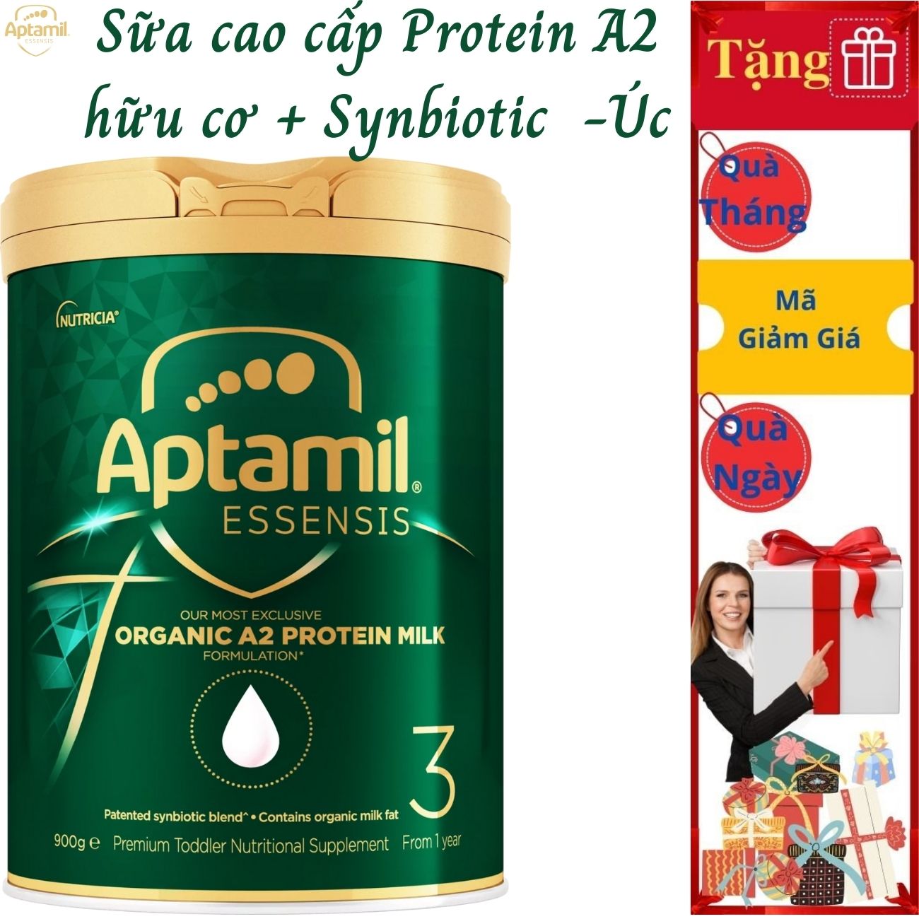 Sữa tăng chiều cao cho trẻ từ 1 tuổi Aptamil Essensis Protein A2 Úc (Số 3)- Công thức Synbiotic độc quyền Giúp tăng cường hệ miễn dịch, hỗ trợ hệ tiêu hóa, Phát triển chiều cao, Cân nặng, trí tuệ và tăng sức đề kháng (900g/hộp)