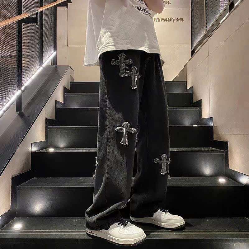 Quần jean ống rộng nam nữ 2N Unisex hình chữ thập Q06
