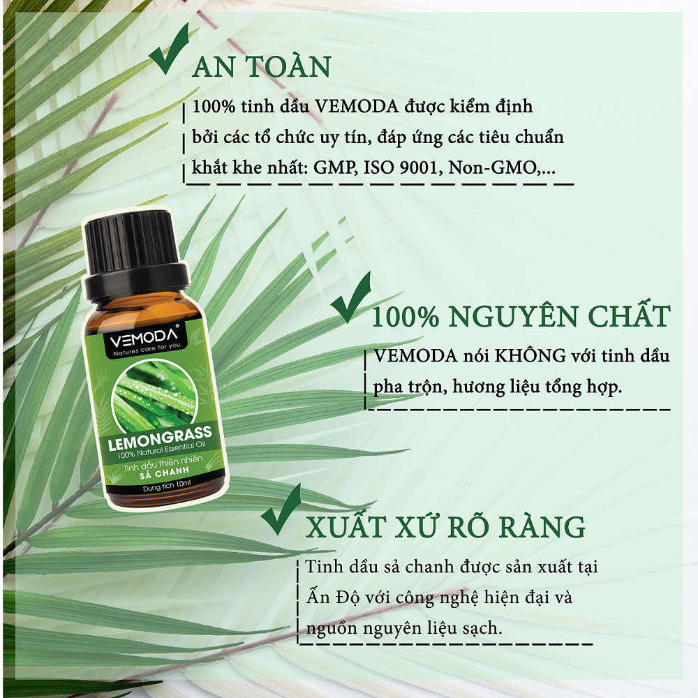 Tinh dầu Sả chanh cao cấp 10ML Lemongrass Essential Oil. Tinh dầu xông phòng giúp thanh lọc không khí, khử mùi, kháng khuẩn, đuổi muỗi, giải cảm, làm đẹp.  Tinh dầu thơm phòng cao cấp Vemoda