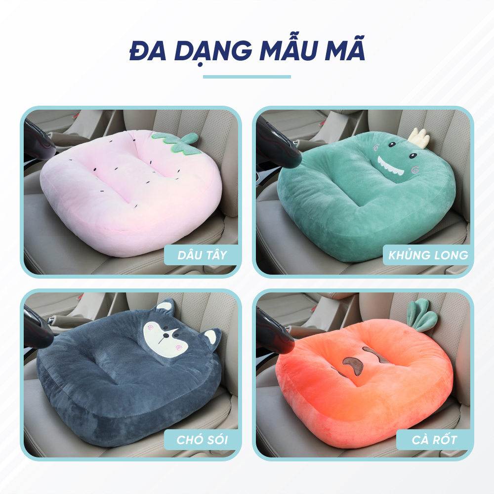 Đệm Ngồi Tăng Chiều Cao Ghế Lái Ô Tô Xe Hơi, Tựa Lưng Hơi Ghế Văn Phòng Hình Thú Bông Dễ Thương Mềm Mại