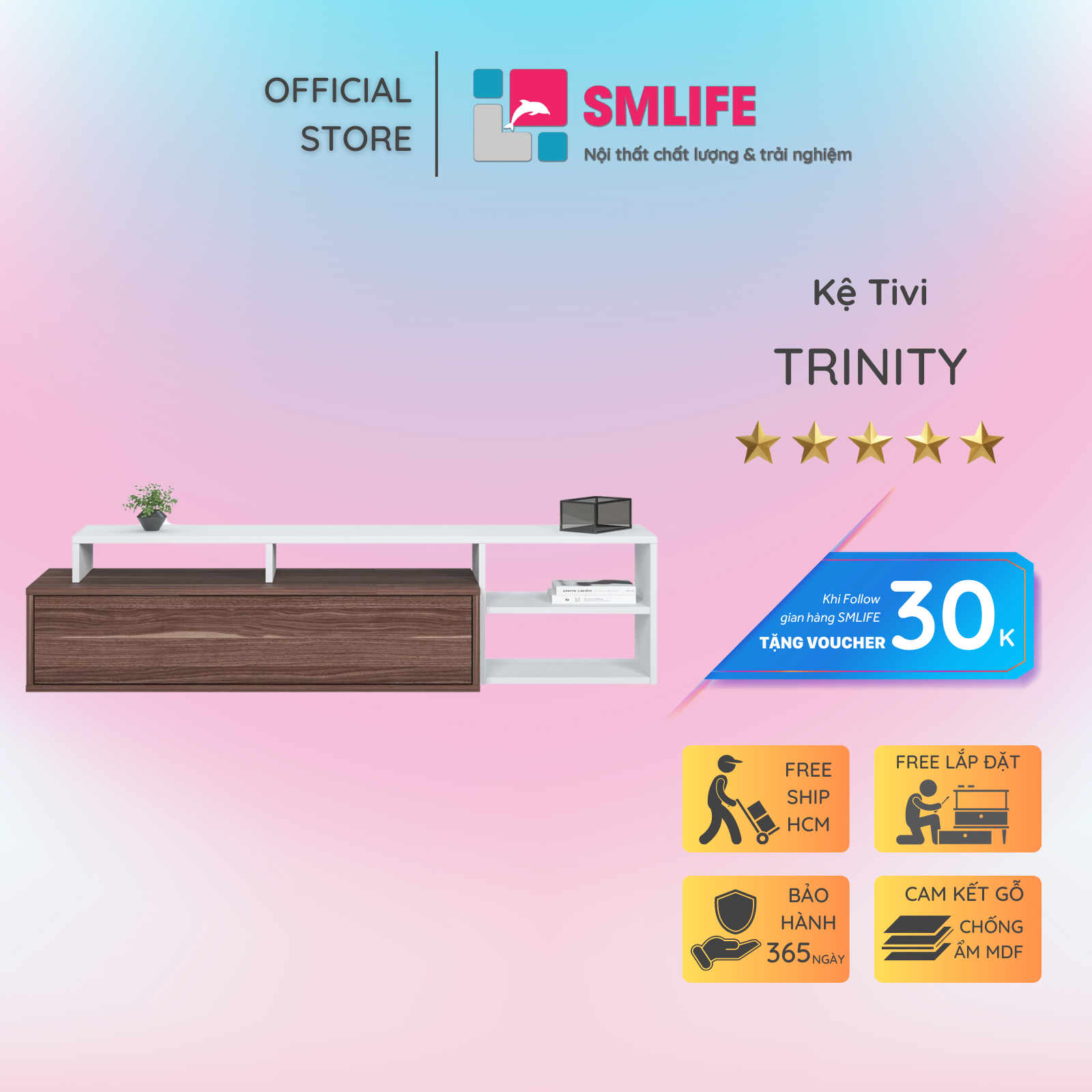 Kệ để tivi gỗ cho phòng khách gia đình SMLIFE Trinity