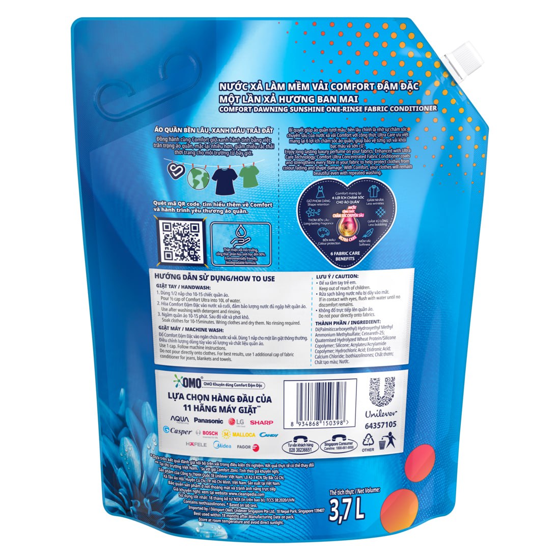 Nước Xả Làm Mềm Vải COMFORT Nước Xả Vải Hương Ban Mai Đậm Đặc 1 Lần Xả Giúp Giữ Màu &amp; Bền Vải 3.7L