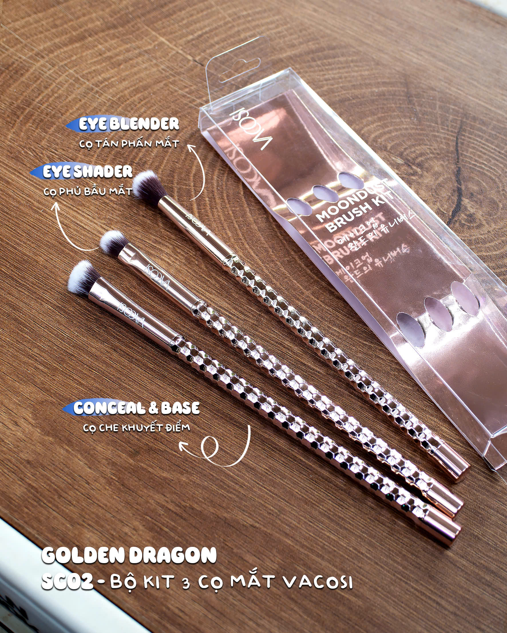 SC02 - BỘ KIT 3 CỌ MẮT VACOSI, PHIÊN BẢN GOLDEN DRAGON - VACOSI MOONDUST THE EYES BRUSH KIT, 3PCS