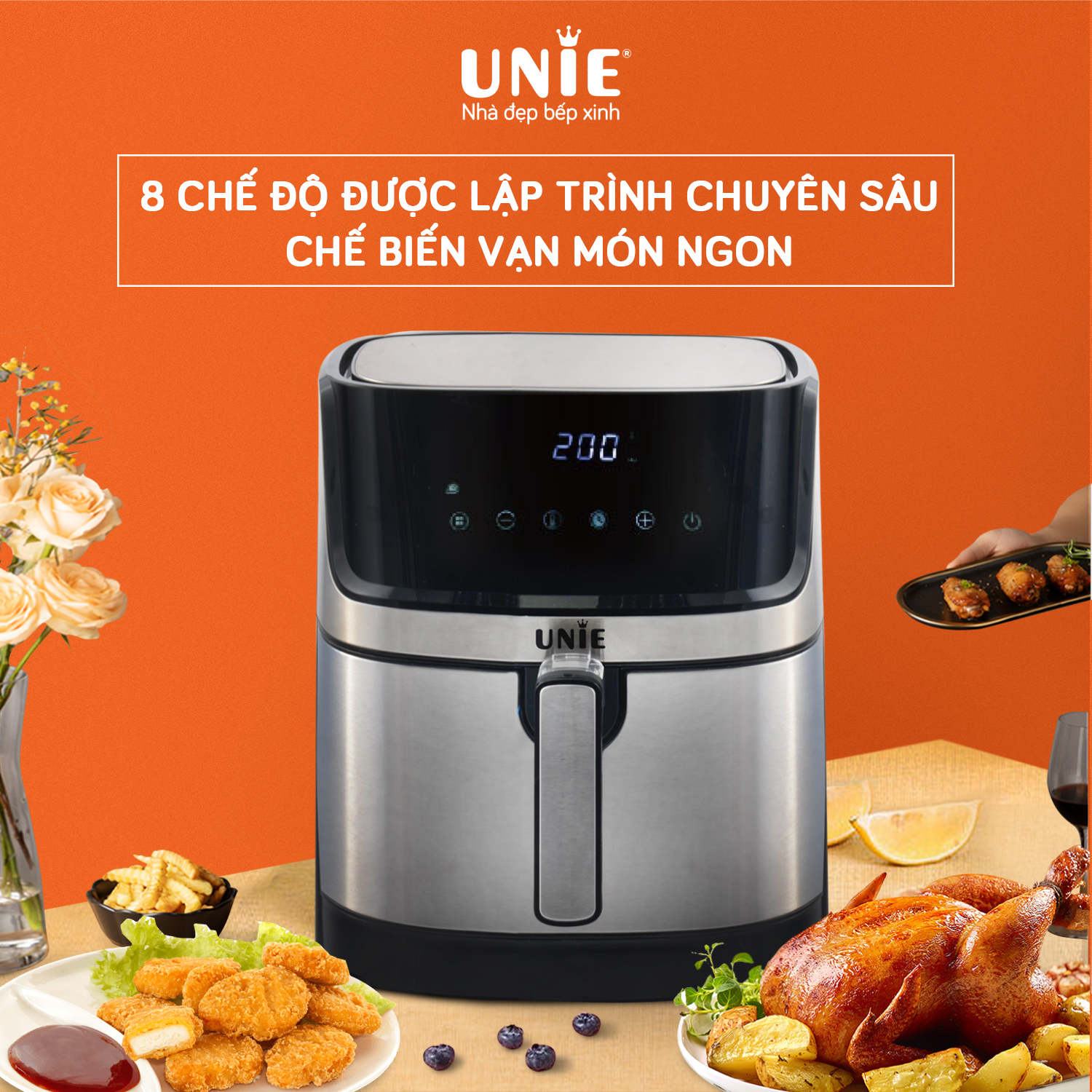 Nồi Chiên Không Dầu UNIE UE-600 Tiêu Chuẩn Đức 8 Chương Trình Nướng Dung Tích 6.5 Lít Công Suất 1500 W - Hàng Chính Hãng