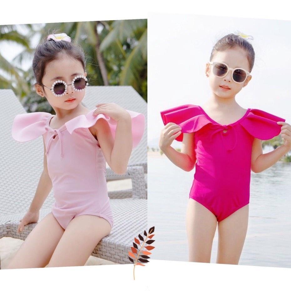 Đồ bơi trẻ em dành cho bé gái Bikini liền thân bèo cổ hoa hồng hở lưng cột nơ (tặng kèm nón bơi)