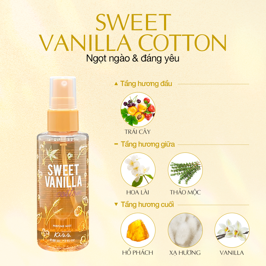 Malissa Kiss Xịt Thơm Toàn Thân Sweet Vanilla Cotton Perfume Body Mist 88ml