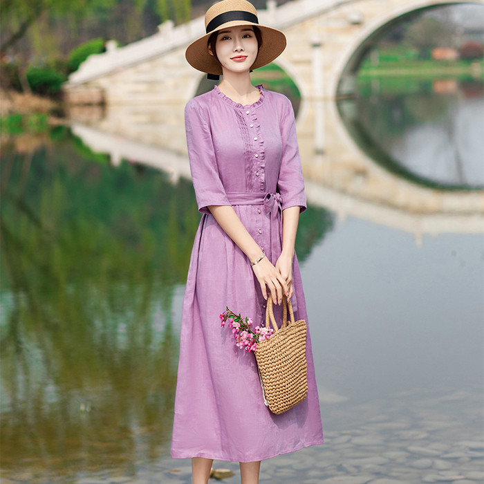 Đầm linen nữ cổ bèo nhăn, phối cúc, kiểu dáng Retro thời trang nữ Đũi Việt DVDA62