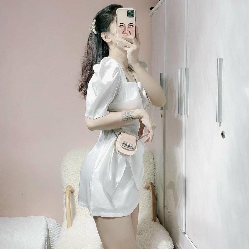 Đầm dự tiệc trắng đỏ bèo hông