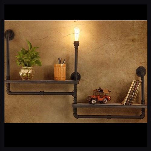 Kệ treo tường ống nước 2 tầng giá gỗ cao cấp có đèn trang trí, kệ ống nước trang trí ống sắt Cao Cấp