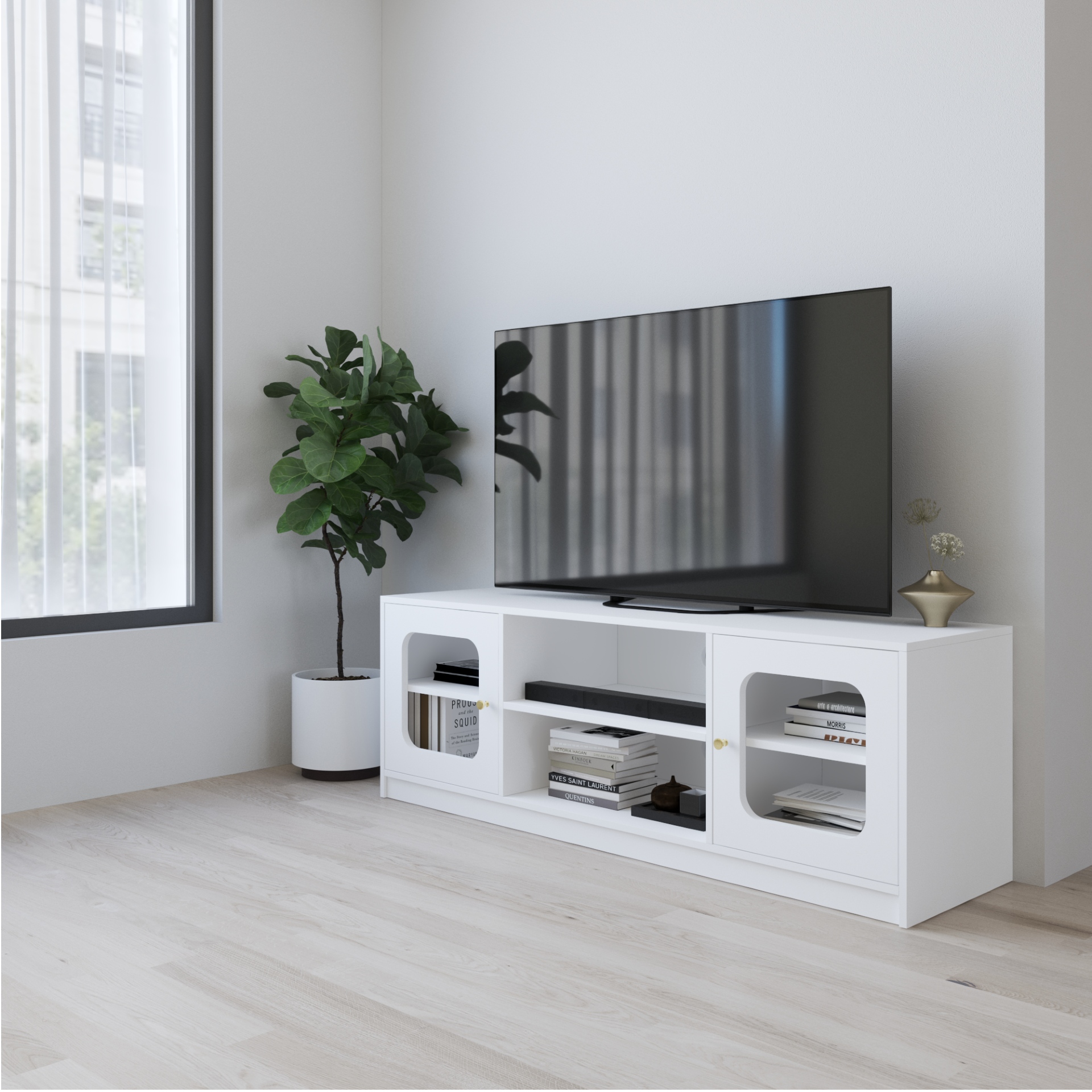 HAPPY FURNITURE , Kệ TV 2 cửa kính - NOAH , KTV_108 , 160cm x 45cm x 55cm DxRxC