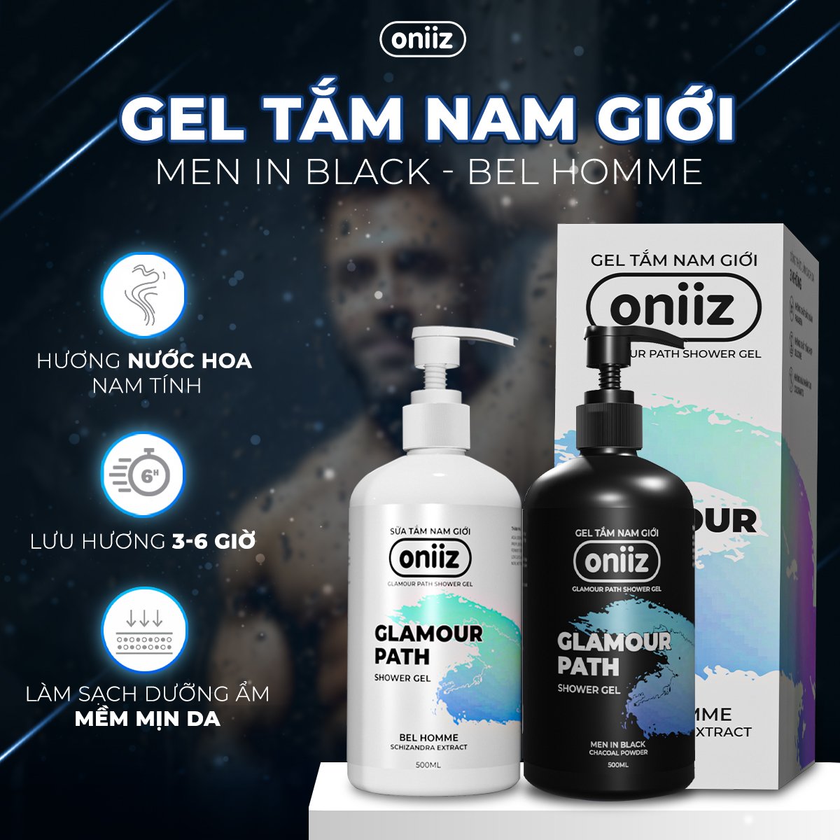 Sữa tắm hương nước hoa Oniiz, Gel tắm Bel Homme &amp; Men In Black hương thơm hiện đại, nam tính 500ml