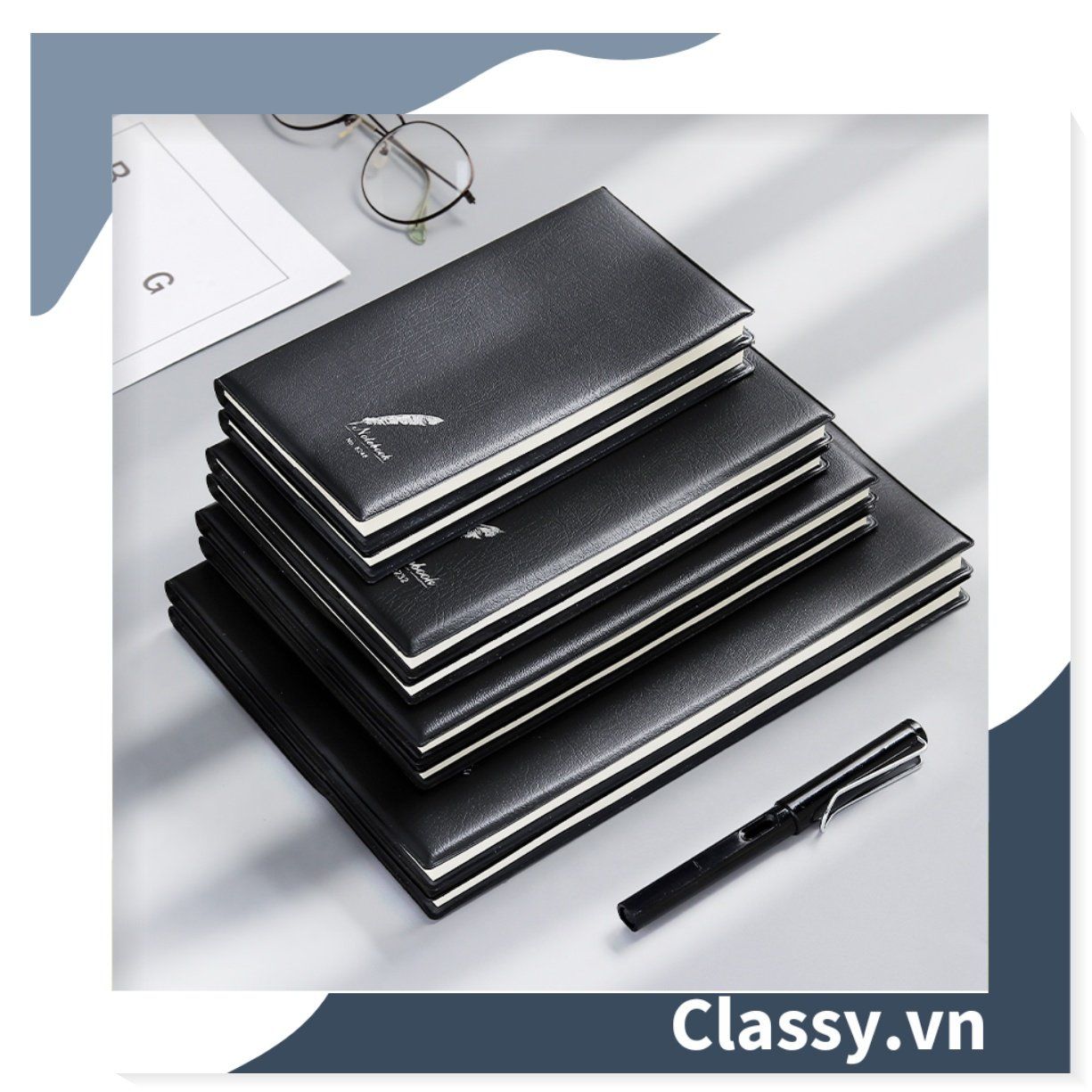 Sổ bìa da đen nhiều kích thước Classy Notebook ghi chép cuộc họp, lập kế hoạch kinh doanh- 224 trang bìa tối giản- PK1834