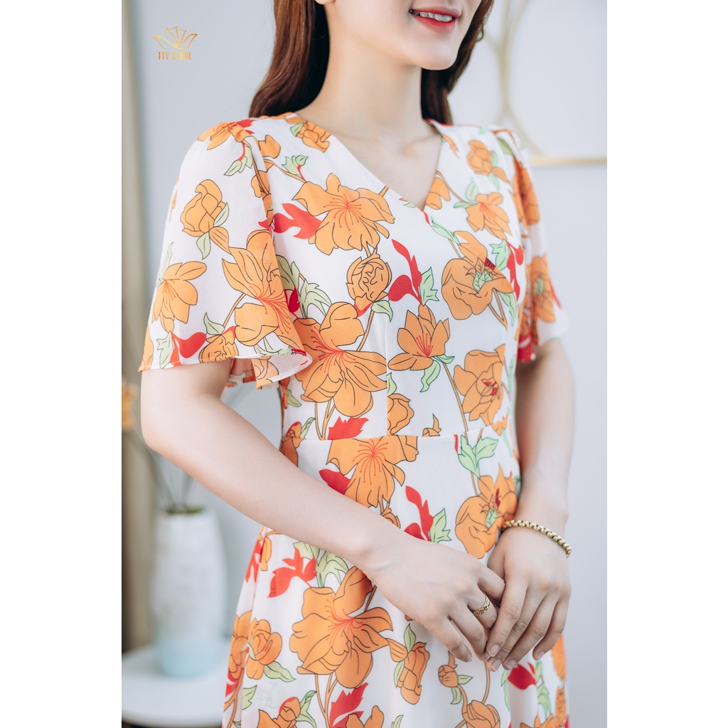 Đầm Maxi thiết kế trung niên Cổ tim tay loe màu Trắng hoa cam TTV STORE TTV1249