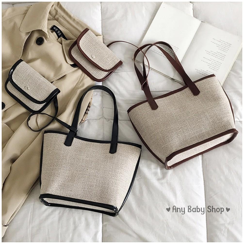 Túi xách - đeo vai - vải viền da phong cách Ulzzang 2 trong 1 có 3 màu