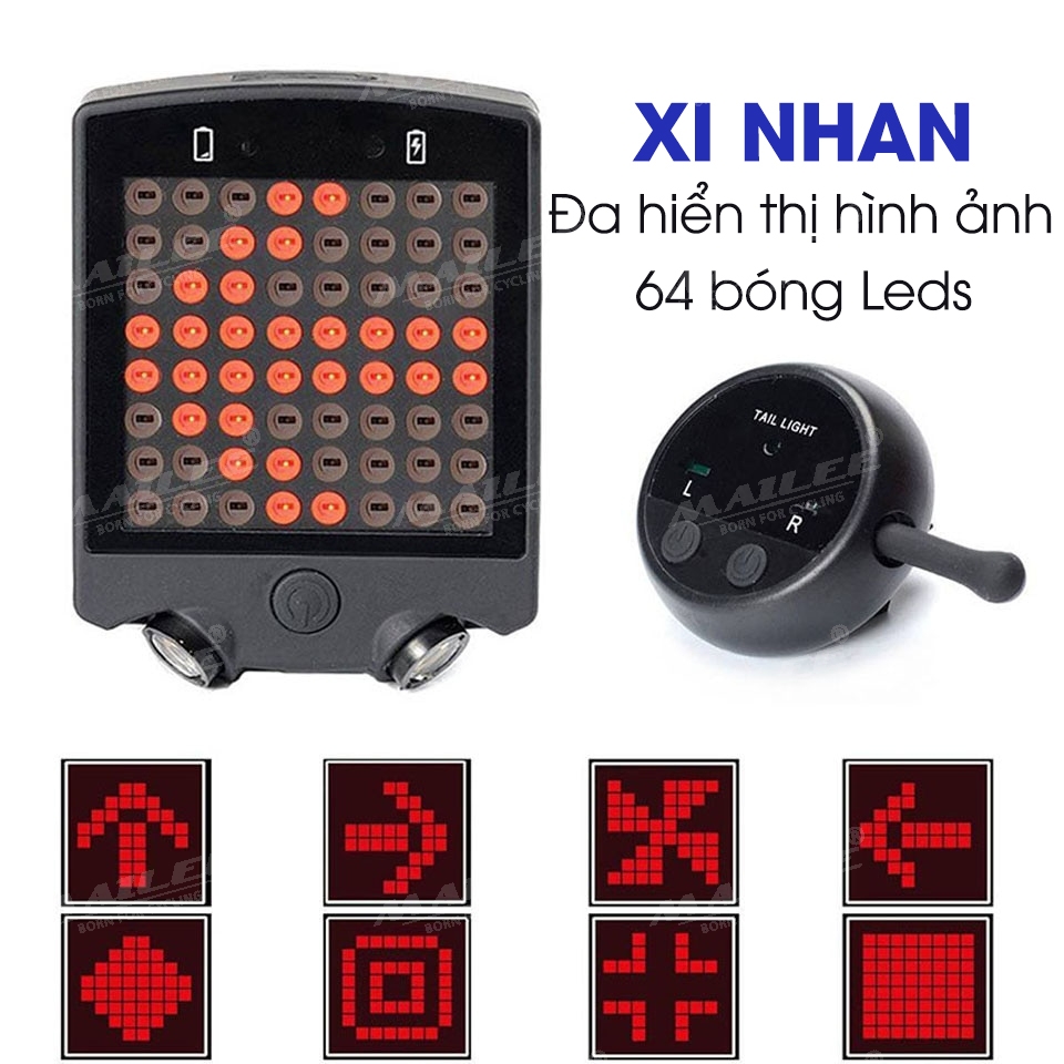 Đèn Đuôi Xe Đạp Led Xi nhan A112 64 bóng led với màn hình đa hiển thị nhiều mẫu dung lượng 650mAh có remote không dây Mai Lee 