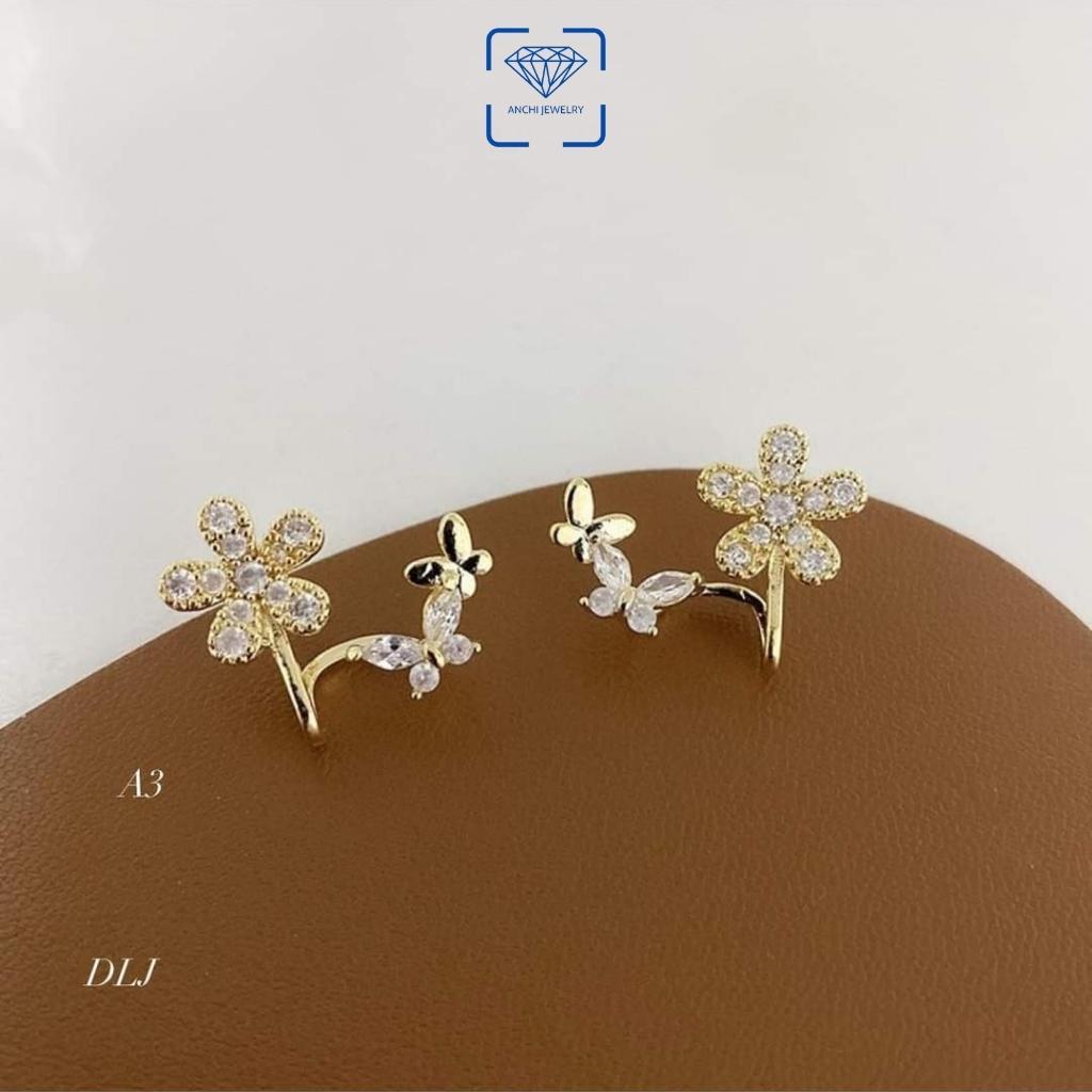 Bông tai ôm vành hình hoa và cánh bướm bạc xi vàng đính đá trẻ trung, Anchi jewelry