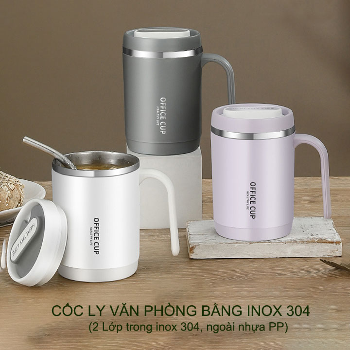 Cốc ly văn phòng dùng uống trà, cà phê, loại 2 lớp trong inox 304 ngoài nhựa PP, dung tích lớn 500ml kèm ống hút