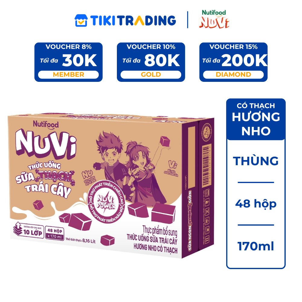 Thùng 48 Hộp Thức Uống Sữa Trái Cây Có Thạch NuVi Hương Nho 170ml