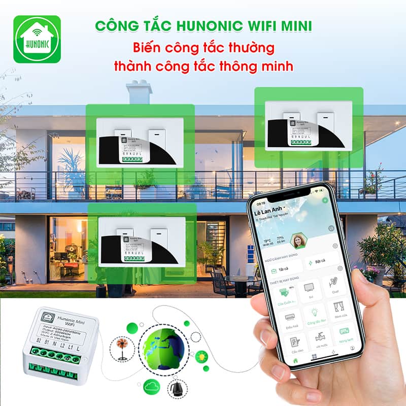 Công tắc Hunonic Mini wifi điều khiển từ xa từ công tắc thường thành công tắc thông minh