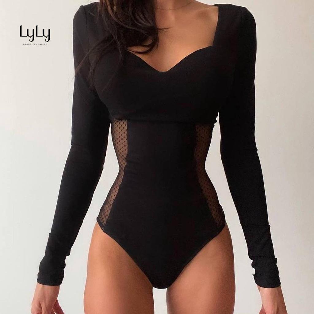 Bodysuit tay dài cổ V ren 2 bên sườn LyLy JM069 thun co giãn ôm sát body