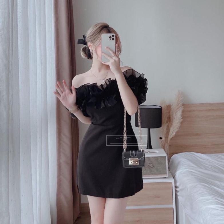 40-70KG Đầm váy ôm body ngắn cotton tơ bóng trễ vai bèo ngực cúp ngực đen đi biển dự tiệc dạo phố bigsize giá rẻ đẹp