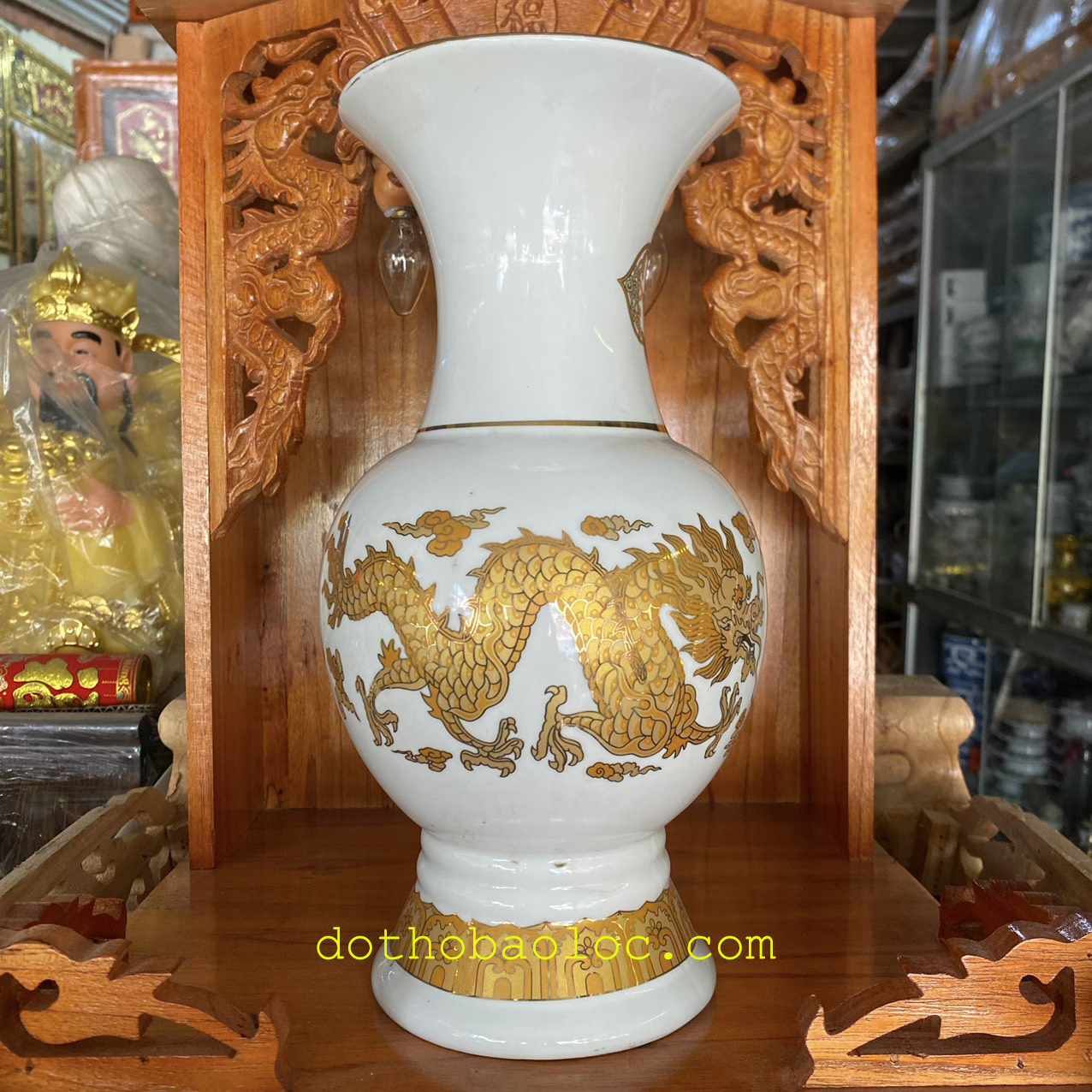 Bình bông sứ trắng hình rồng vàng 3D cao cấp cao: 31.5cm