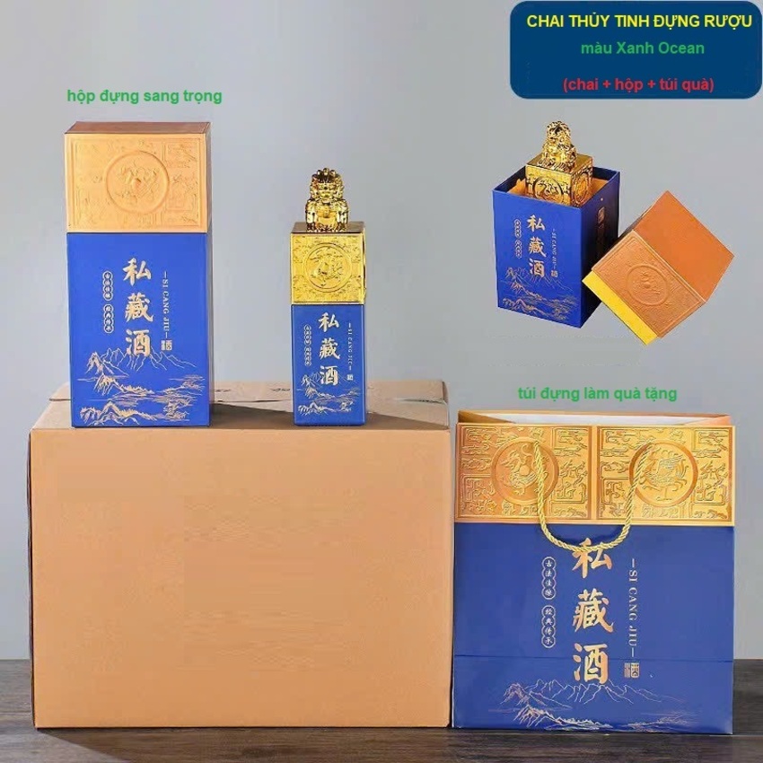 Chai Đựng Rượu 500ML mẫu ngọc tỷ ấn ký – kèm hộp giấy và túi đựng quà – 3 màu lựa chọn - Chai Thủy Tinh Đựng Rượu – Vỏ Chai Rượu Đẹp