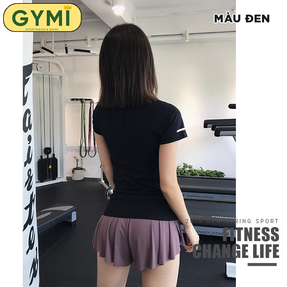 Áo tập gym yoga nữ GYMI AC09 dáng ngắn cộc tay thể thao chất dệt mịn mát co giãn thấm mồ hôi