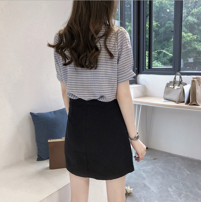 Áo sơ mi nữ Haint Boutique thiết kế cổ V kẻ caro nhỏ đơn giản HB190