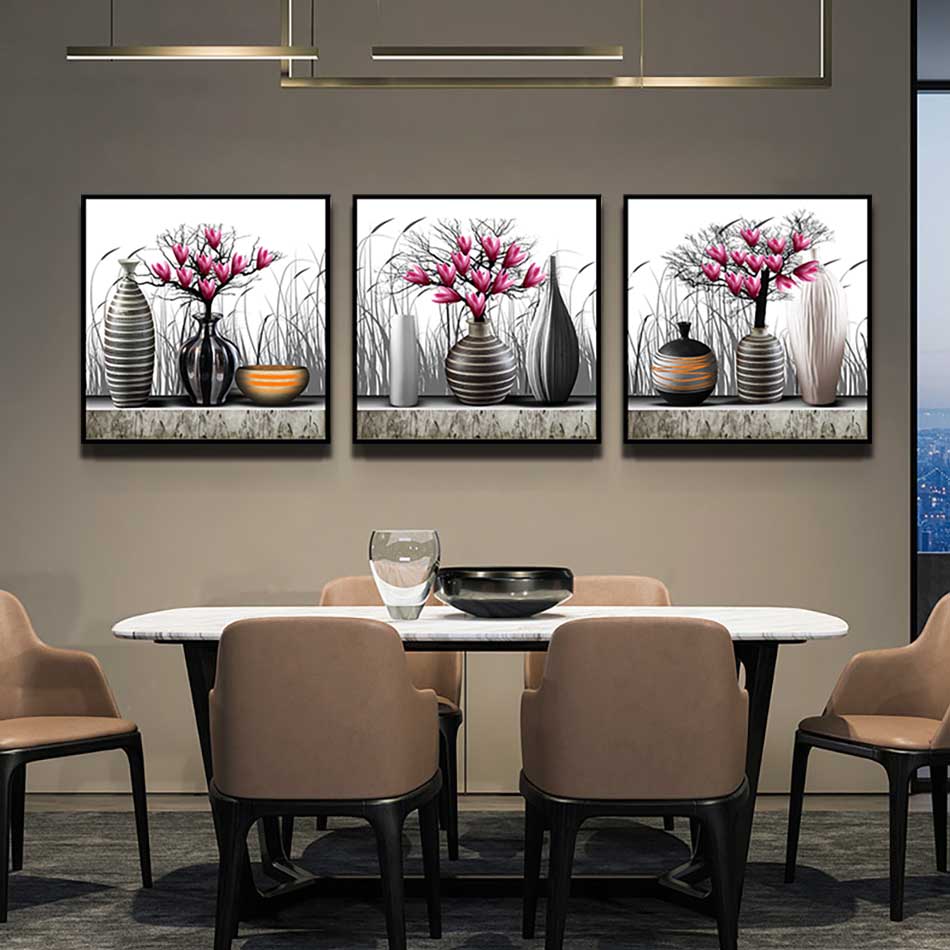 Bộ 3 tranh canvas treo tường Decor Họa tiết bình hoa cách điệu - DC163