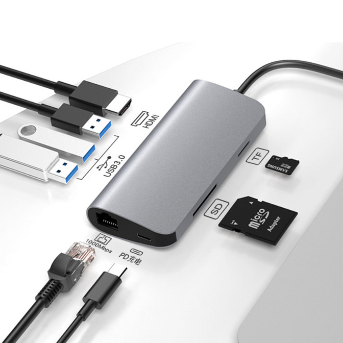 Hub USB Type-C 8 Cổng USB 3.0/HDMI/SD/TF/LAN Gigabit (RJ45) hỗ trợ sạc USB-C