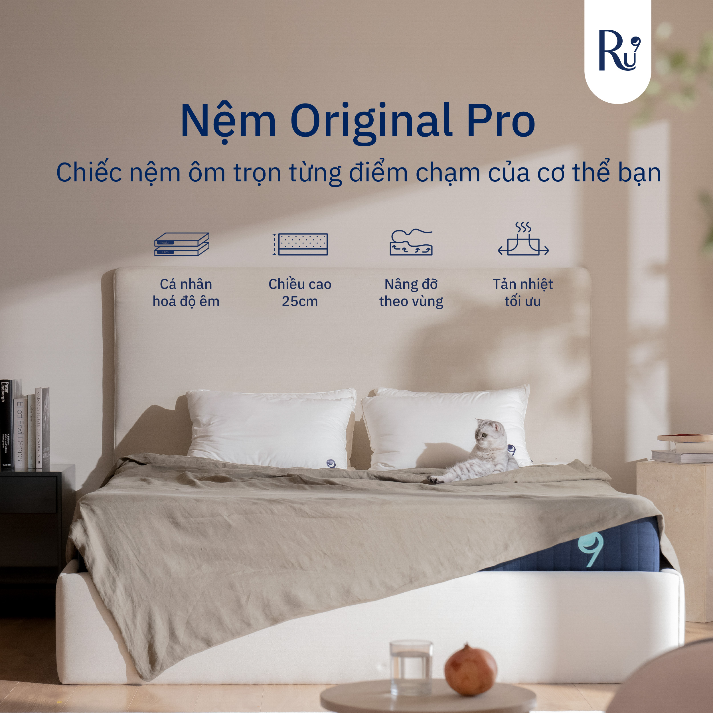 Nệm Foam Cao Cấp Ru9 Original Pro 25cm - Trắng Xanh | Lớp Foam 3 vùng | Tùy chỉnh độ êm | 6 Kích Thước