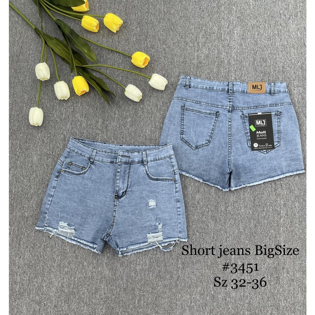 Quần short jean nữ BigSize lưng cao trên rốn, co dãn mạnh, tua lai, màu xanh nhạt rách kiểu dành cho người mập 3451