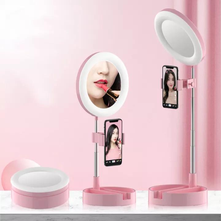 Gậy livestream gấp gọn cao 58cm kèm gương soi và đèn led chiếu sáng 3 mức độ ánh sáng tự nhiên, hỗ trợ chụp ảnh, quay video, live bán hàng