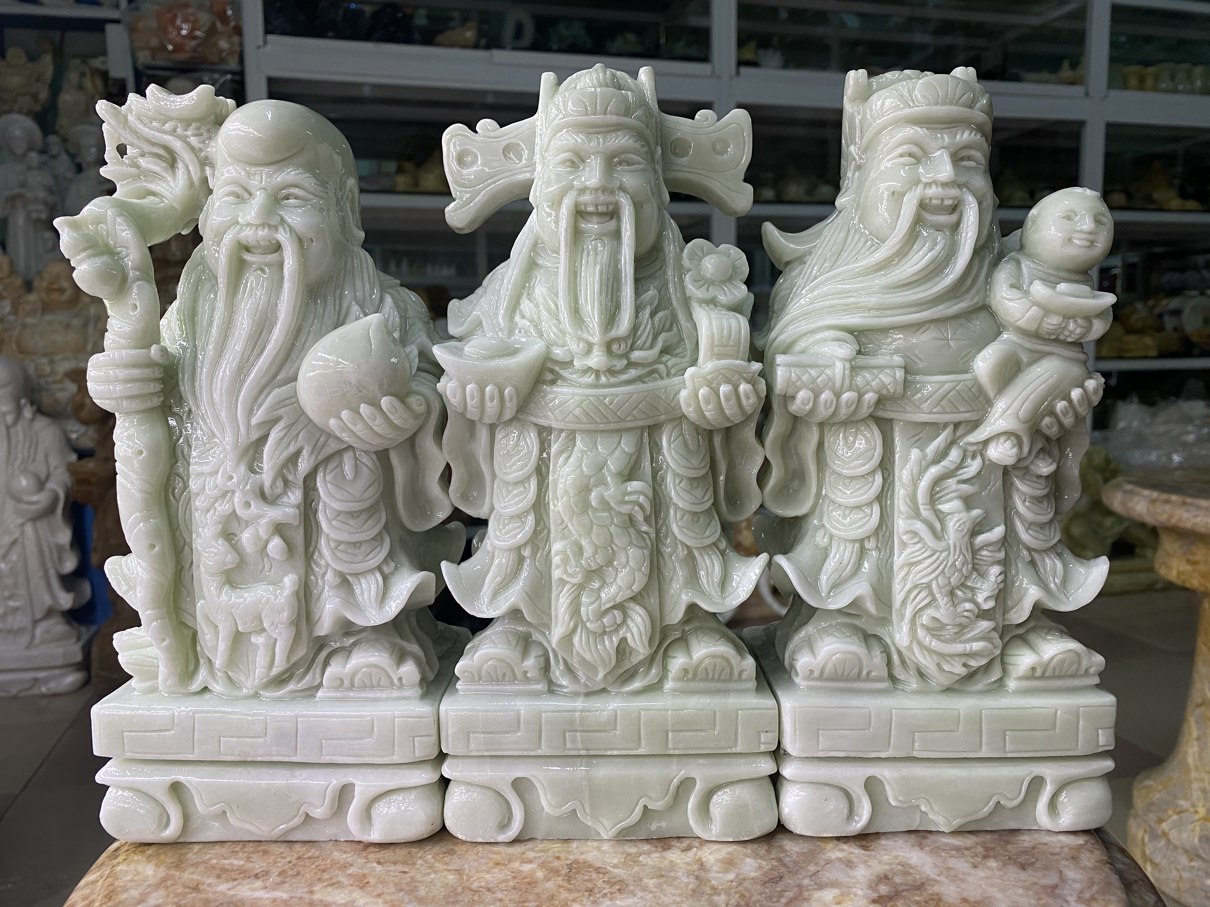 Bộ Tượng Tam Đa Đá Cẩm Thạch Trắng Xanh - cao 25cm