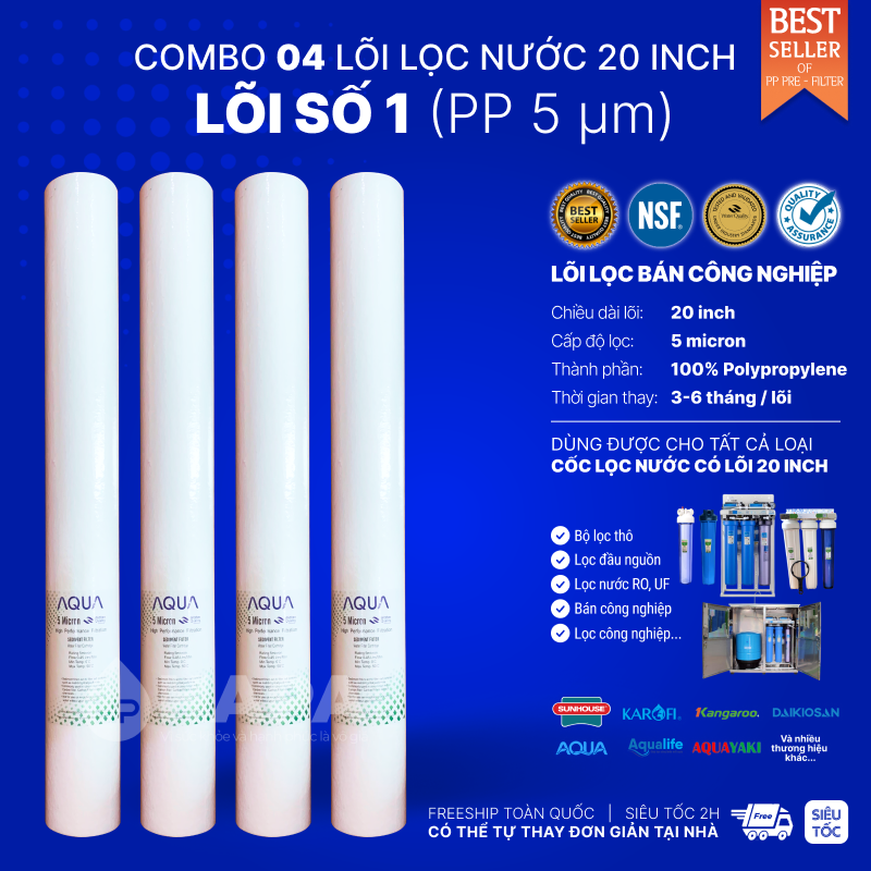 Bộ 3 Lõi Lọc Nước 20 inch Số 123 PP OCB GAC UDF CTO Bán Công Nghiệp Karofi Kangaroo Aqua Mutosi
