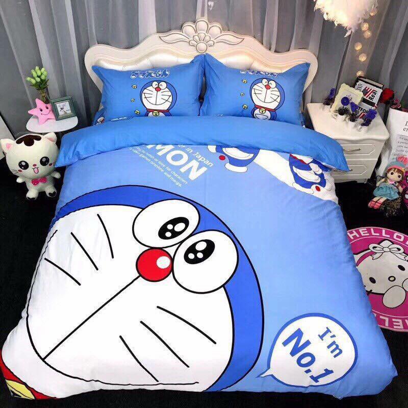 BỘ CHĂN GA COTTON HỌA TIẾT CHÚ MÈO MÁY DOREMON DỄ THƯƠNG