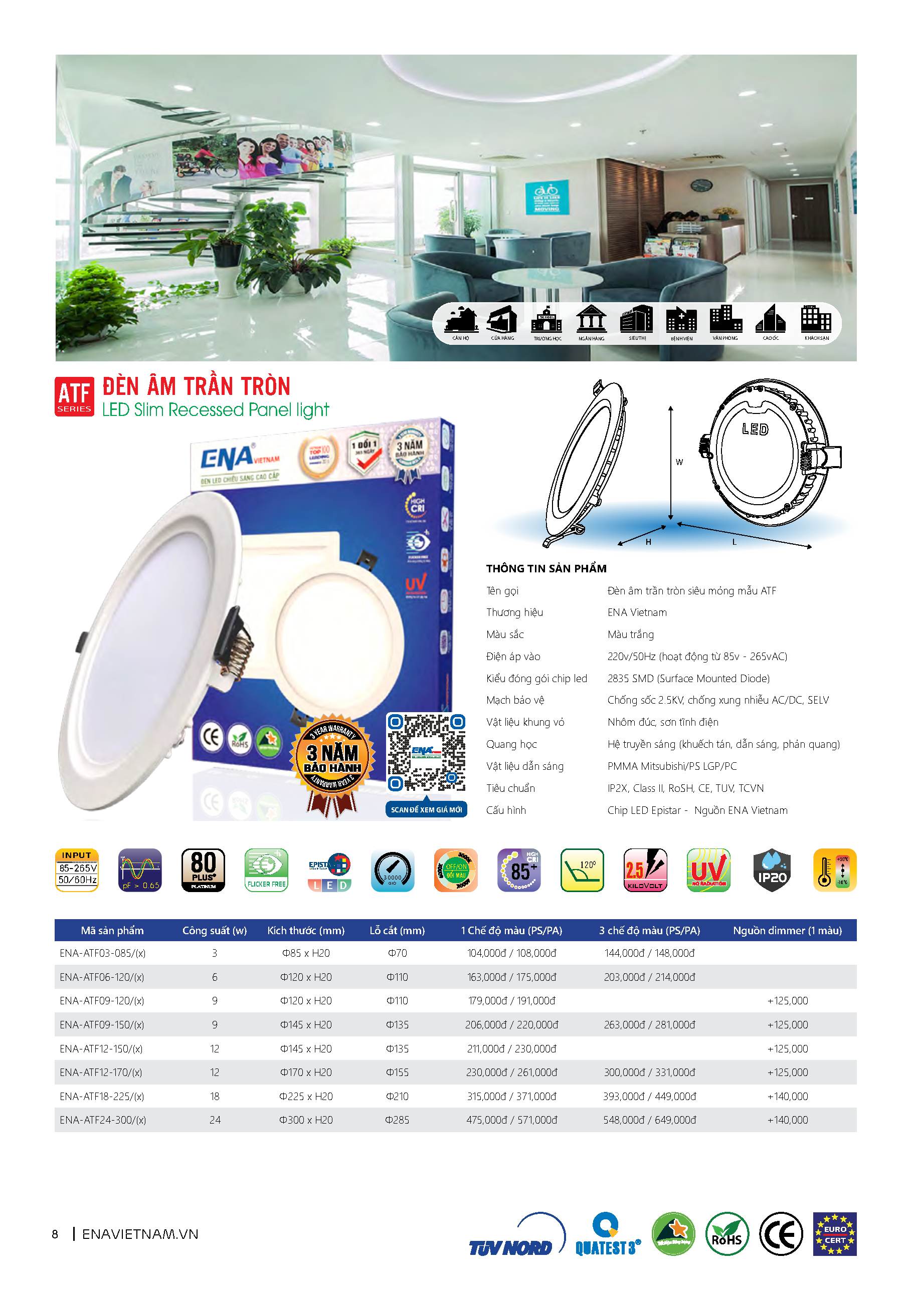 Đèn âm trần dimmer 9w 12w 18w 24w ENA AF điều chỉnh độ sáng ánh sáng Trắng Vàng Trung tính