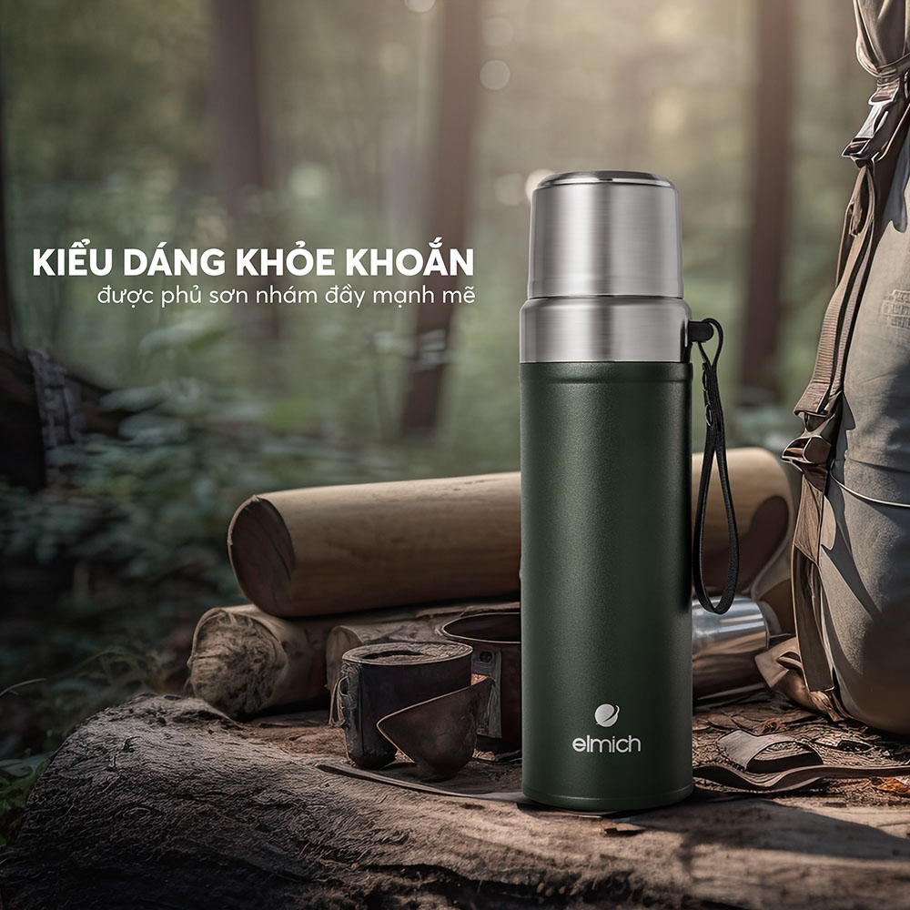 Bình giữ nhiệt inox 316 Elmich EL8311 800ml, Hàng chính hãng, thiết kế 2 nắp, miệng bình rộng, giữ nóng lạnh - JoyMall