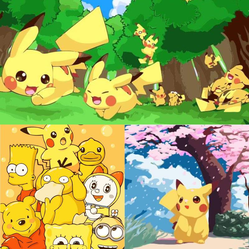 Tranh tô màu theo số Tranh sơn dầu số hoá hình pikachu size 30*40 kèm khung